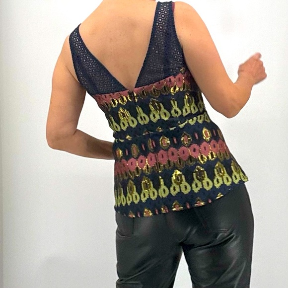 Anthropologie HD In Paris Yana Brocade Metallic Crochet Peplum Sleeveless Top - Picture 3 of 12